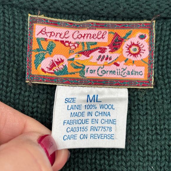 April Cornell Wool Cardigan Sweater Size ML Green Multi Patchwork Floral Vintage - Picture 3 of 10
